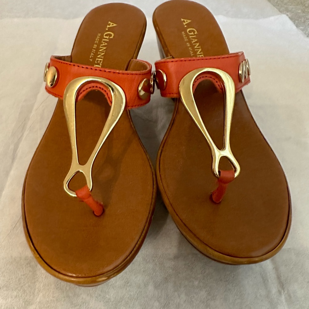 A Giannetti Wedge Sandals Coral / Orange With Gold Color Accents US Size 7